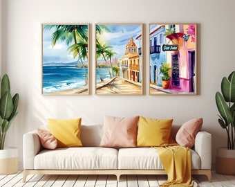 San Juan Watercolor Print Set of 3, Puerto Rico Coastal Wall Art, Caribbean Island Streetscape Poster, Colorful City Decor, Tropical Seaside