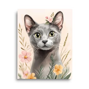 Russian Blue Watercolor Print | Cat Wall Art | Kitten Artwork | Cute Floral Kitty | Pet Nursery Home Decor | Feline Poster | Cat Lover Gift