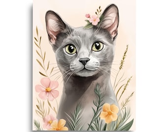 Russian Blue Cat Wall Art, Whimsical Cat Canvas, Feline Print, Cat Lover Gift