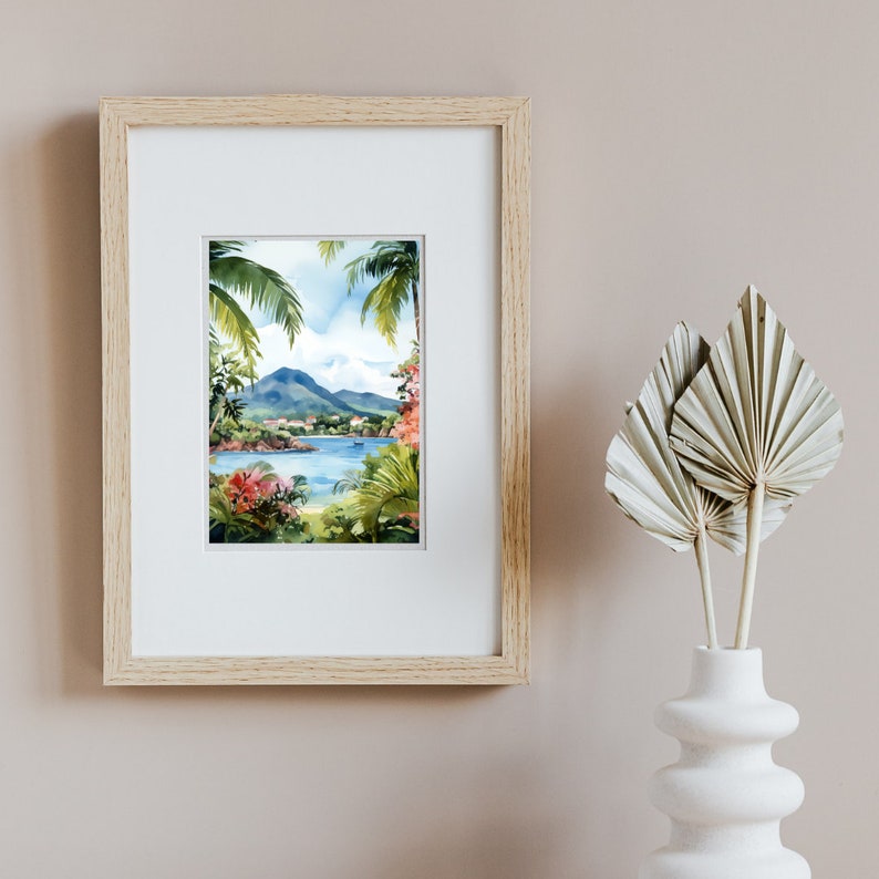 May include: A framed watercolor painting of a tropical island scene. Lush green palm trees frame a view of a blue bay with a small boat and a mountainous island in the background.