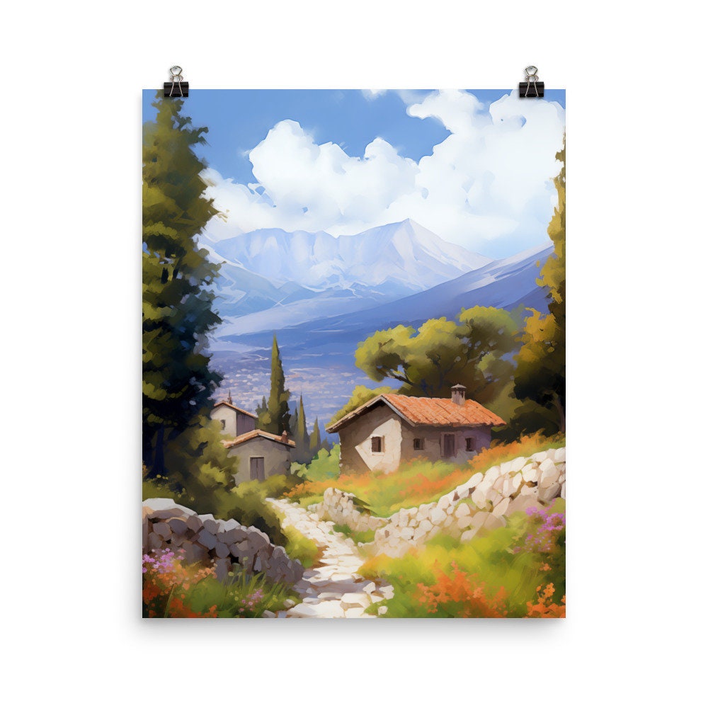 Mount Olympus Watercolor Print | Greece Travel Gift | Mountain Landscape Art | Greek Mountain | Countryside Decor | Thessaly | Village Art