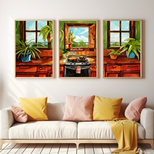 Puerto Rican Kitchen Prints or Canvas, Rustic Stove and Green Plants Set of 3