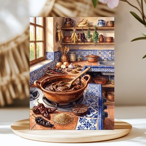 May include: A kitchen scene featuring a brown clay pot on a stove filled with dark stew and a wooden spoon. The counter has blue and white patterned tiles, dried chili peppers, a pile of grains, and a round chocolate disc. Shelves hold pottery.