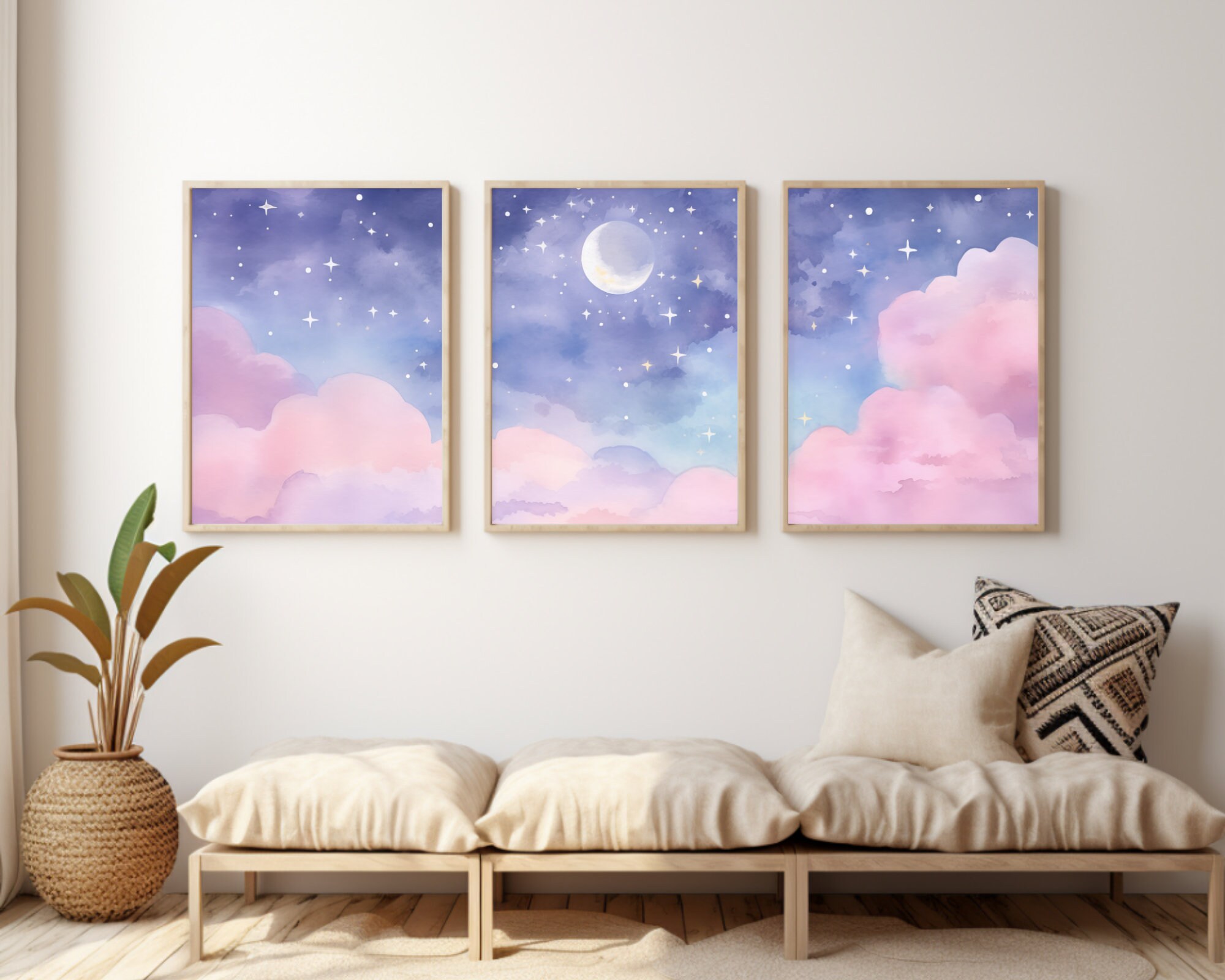 Celestial Watercolor Print, Set of 3, Starry Night Sky Wall Art, Pink ...