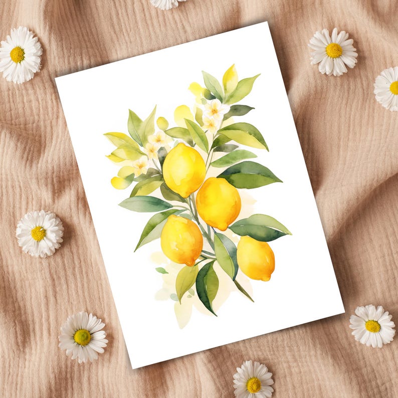 May include: A watercolor illustration on a white rectangular background featuring a cluster of four bright yellow lemons hanging from a branch with green leaves and small white blossoms, rendered in a soft, artistic painting style.