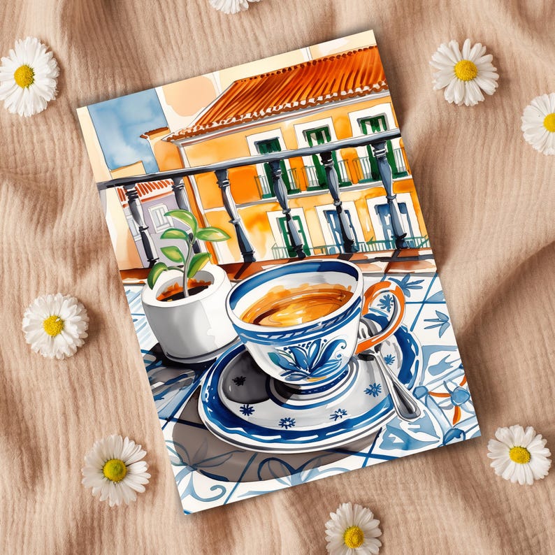 May include: A watercolor painting of a cup of coffee on a blue and white tiled table with a small plant in a white pot. The background shows a building with a red tiled roof and a balcony.