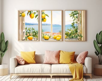 May include: A triptych wall art set featuring three framed prints of open windows overlooking a coastal Mediterranean landscape with bright yellow lemons on branches, green leaves, blue water, and distant mountains under a clear sky.
