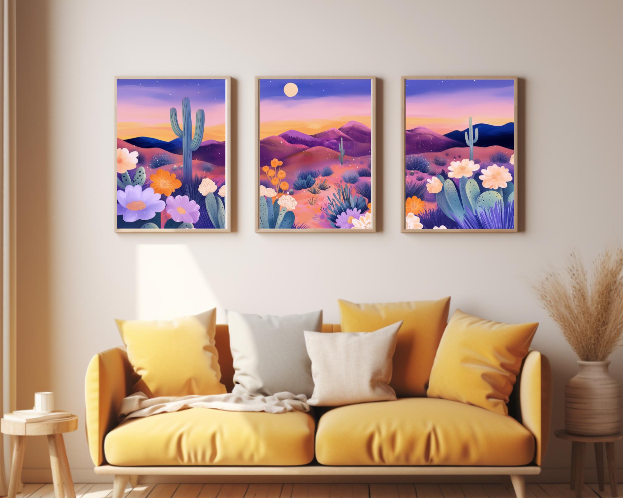 Desert Sunset Set of 3 Watercolor Prints, Nature Wall Art, Triptych ...