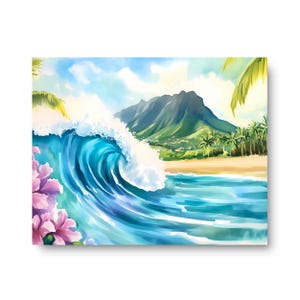 Hawaii Big Wave Watercolor Print, Tropical Coastal Wall Art, Surfing Ocean Poster, Hawaiian Island Decor, Maui Travel Artwork, Beach Artwork