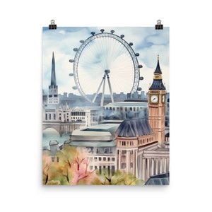 London Watercolor Print | UK Travel Gift | English Cityscape Wall Art | Big Ben | London Eye | England Decor | British | Landmark | Europe