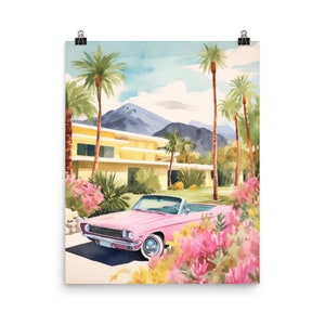 Palm Springs Watercolor Print | California Travel Gift | West Coast | Retro Car Art | California Poster | Classic Cars Art | Pink Car Art