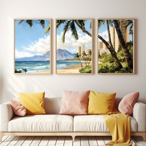 Honolulu Watercolor Print Set of 3, Tropical Hawaiian Beach Wall Art, Oahu Island Poster, Palm Tree Decor, Seaside Coastal Landscape