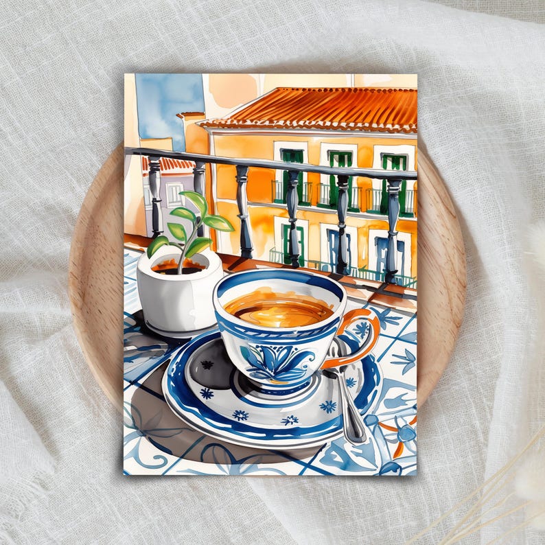 May include: A blue and white patterned coffee cup with a saucer sits on a tiled table with a small potted plant in the background. The cup is filled with coffee and there is a spoon on the saucer. The scene is set on a balcony overlooking a building with orange walls and green windows.