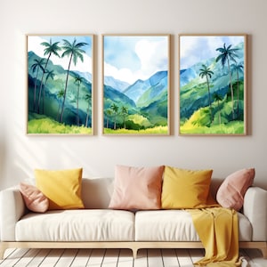 Cocora Valley Set of 3 Watercolor Prints, Landscape Travel Wall Art, Triptych Print Set