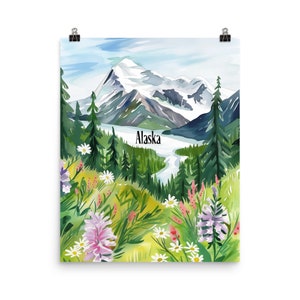 Alaska Mountain Watercolor Print, Alpine Landscape Wall Art, Northern USA Travel Poster, Wilderness Nature Artwork, Alaskan Outdoor Decor