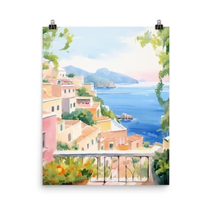 Capri Watercolor Print | Amalfi Coast Gift | Italy Wall Art | Italian Riviera Painting | Coastal Cityscape | Cliffside Town | Mediterranean