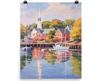 Portsmouth New Hampshire Watercolor Print, Coastal New England Wall Art, Harbor Town Travel Poster, Seaside Cityscape Decor Artwork