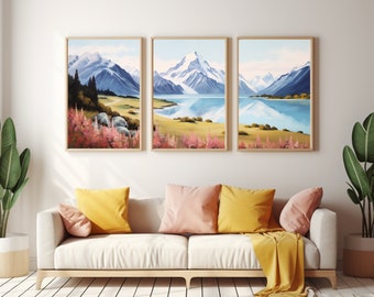 Aoraki Mount Cook Watercolor Print Set of 3, New Zealand Mountain Wall Art, South Island Landscape Decor, Alpine Travel Poster, NZ Artwork