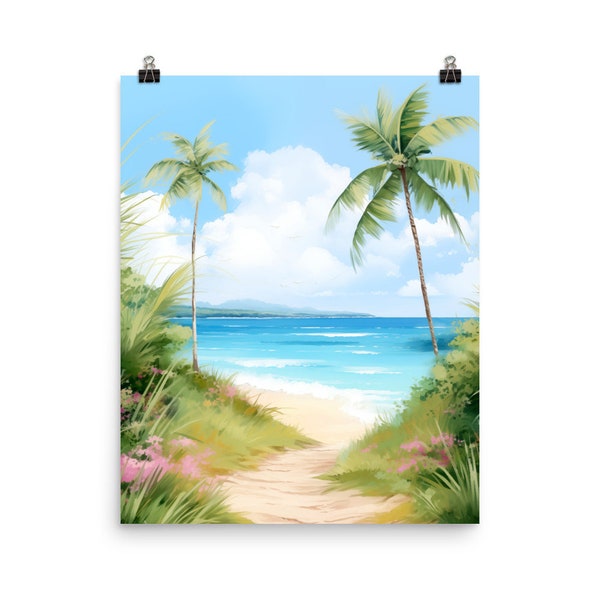 Flamenco Beach Watercolor Print | Puerto Rico Travel Gift | Culebra Island | Caribbean Sea | Tropical Coastal Beach Decor | Turquoise Water