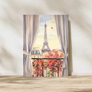 May include: A watercolor painting depicting a view from a window with white curtains, showing the Eiffel Tower in the distance, a black wrought iron balcony railing, and vibrant pink flowers blooming in the foreground under a soft sky.