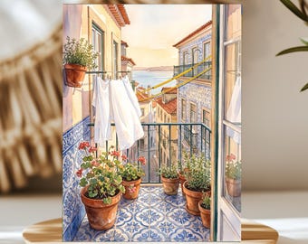 Lisbon Azulejo Laundry Balcony Watercolor Print Canvas, Alfama Tile Wall Art, Portugal Travel Decor