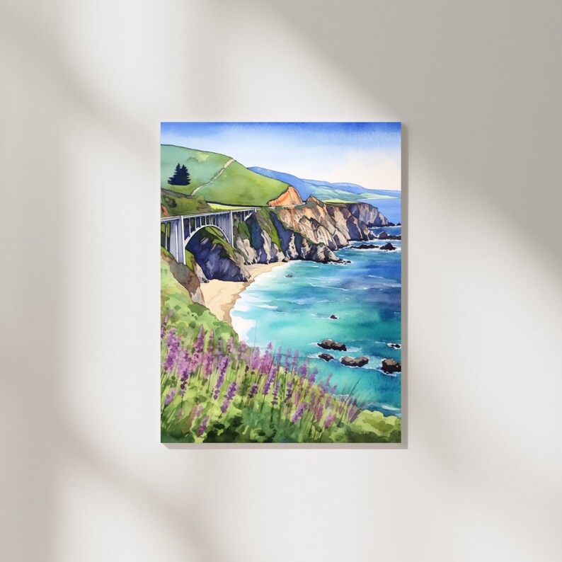 Big Sur Bixby Bridge Watercolor Print, California Coast Wall Art Poster ...