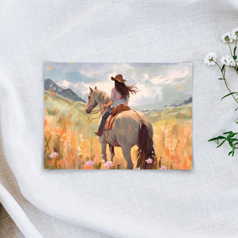 May include: An artistic print showing a person riding a horse through a field of wildflowers. The rider wears a cowboy hat and is seen from the back. The background features mountains and a cloudy sky, with a palette of soft yellows, greens, and blues.
