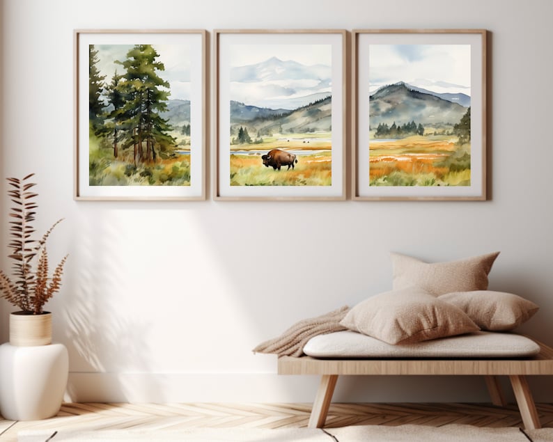 Yellowstone Buffalo Watercolor Print Set, Montana Landscape Art - Etsy