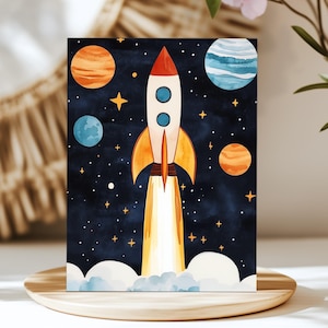 Rocketship in Space Nursery Print | Space Themed Kids Room Wall Art | Galaxy Artwork | Astronaut Decor | Cosmic Poster | Playroom Wall Art