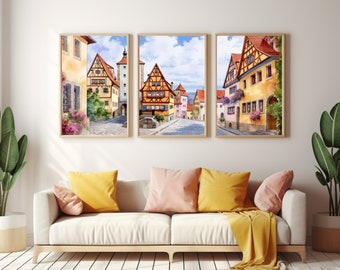 Rothenburg Watercolor Print | Set of 3 | Germany Gift | German Art | Bavaria Decor | Deutschland | Bavarian | Medieval Architecture | Europe