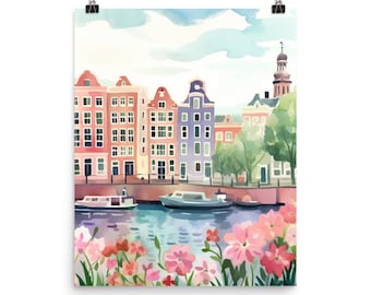 Amsterdam Canal Watercolor Print, Dutch City Art, Holland Streetscape Poster