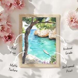 May include: A framed watercolor print depicts a coastal scene with turquoise water, cliffs, and a small boat. The print is labeled "Acid Free," "Matte Texture," "Archival Grade," and "Unframed Print."