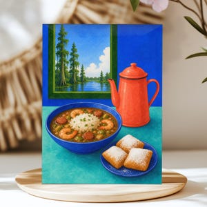 May include: A vibrant illustration featuring a blue bowl of gumbo with shrimp, sausage, and a central mound of white rice, accompanied by a bright orange coffee pot and a small blue plate holding three powdered sugar-dusted beignets.