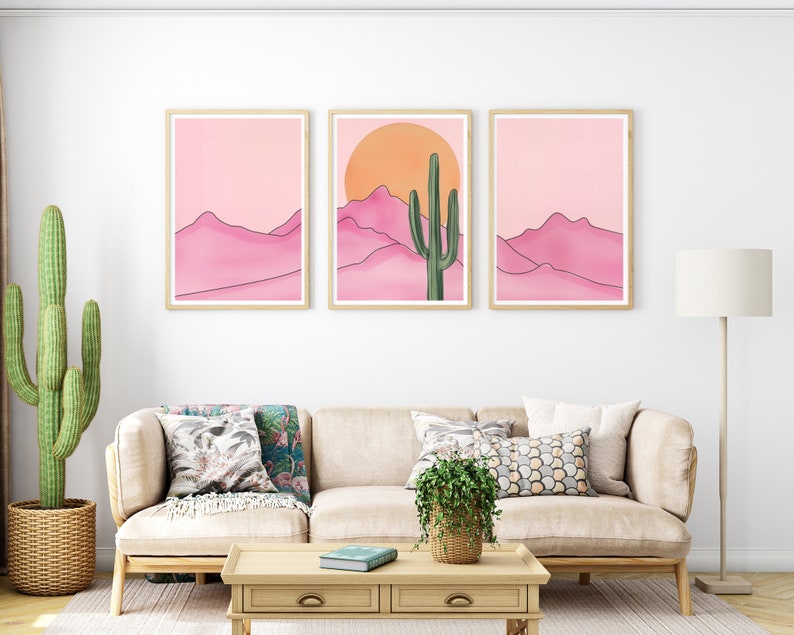 Retro Pink Desert Watercolor Print Set of 3, Saguaro Cactus Wall Art ...