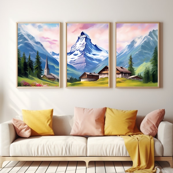 Matterhorn Watercolor Print | Set of 3 | Switzerland Wall Art | Alps Painting | Mountain Landscape Art | Alpine | Swiss Alps | Europe Poster
