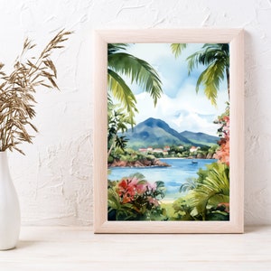 May include: A watercolor painting of a tropical island scene. Lush green palm trees frame a view of a blue bay with a small boat and a distant mountain range. The painting has a soft, dreamy feel.