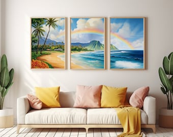 Kauai Rainbow Set of 3 Watercolor Prints, Coastal Travel Wall Art, Triptych Print Set
