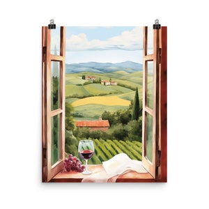 May include: A painting of a window with a view of a rolling green hillside with a small village in the distance. A glass of red wine and a bunch of grapes are on the windowsill.