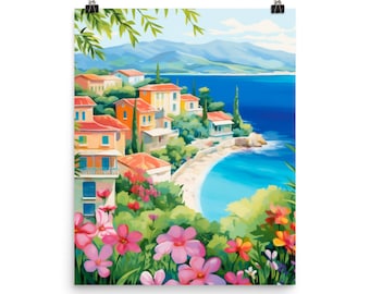 Corfu Watercolor Print, Greek Seaside Village Art, Ionian Island Coastal Poster