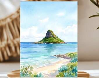 Mokolii Island Oahu Hawaii Watercolor Wall Art, Print or Canvas