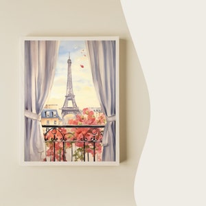 May include: A framed watercolor painting depicting a view through a window with light blue curtains. The scene shows the Eiffel Tower in the distance, a black wrought iron balcony railing, and vibrant pink flowers blooming in the foreground.