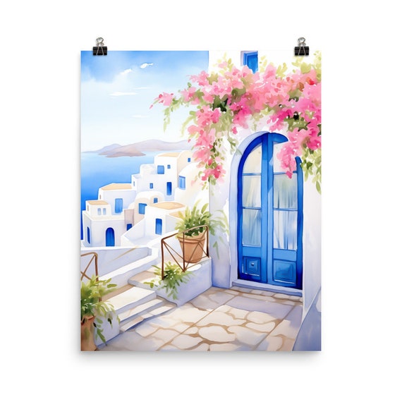 Mykonos Village Doorway Print or Canvas, Arched Blue Double Door and Pink Flowers, Greece Watercolor