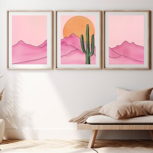 Retro Pink Desert Watercolor Print Set of 3, Saguaro Cactus Wall Art ...