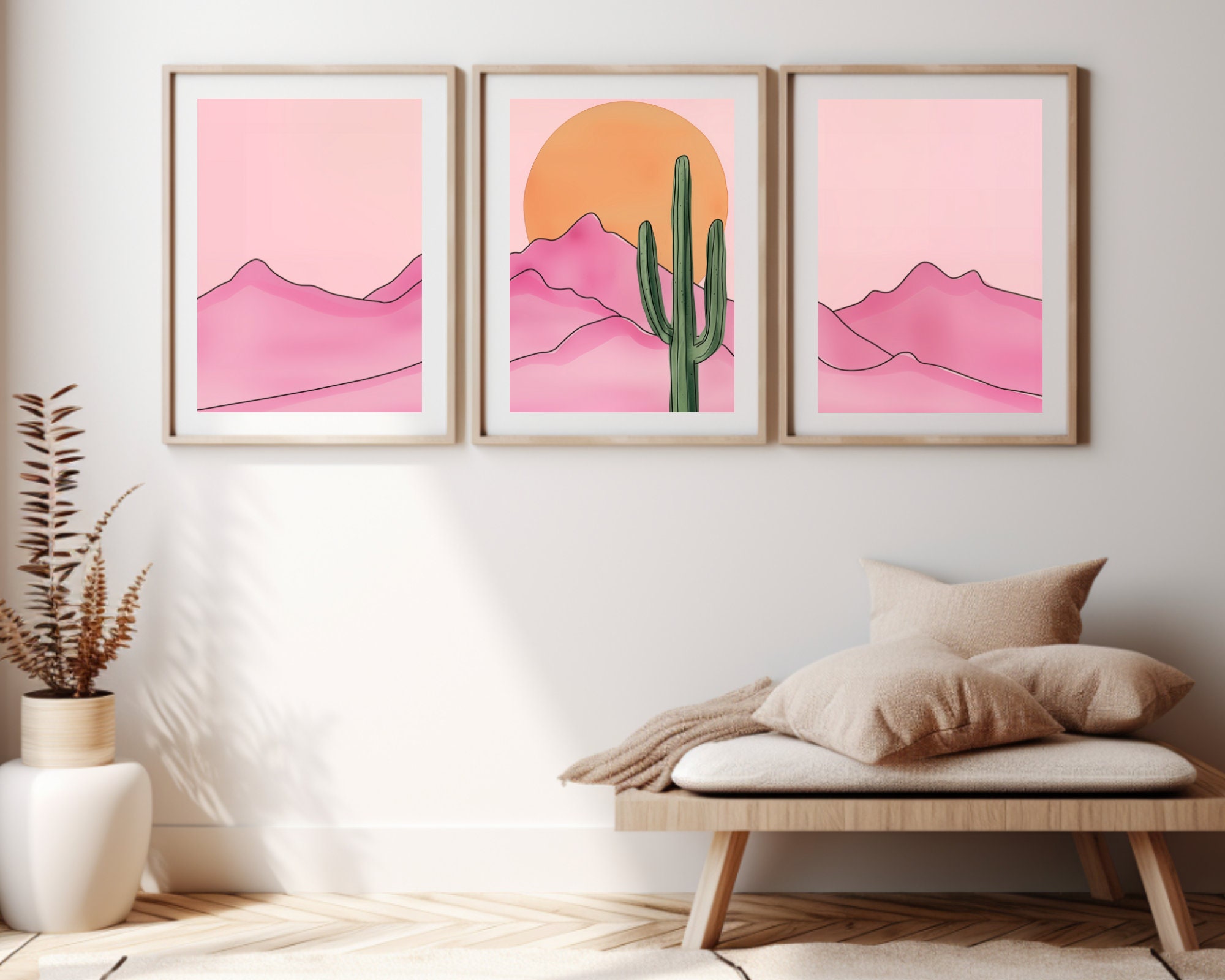 Retro Pink Desert Watercolor Print Set of 3, Saguaro Cactus Wall Art ...