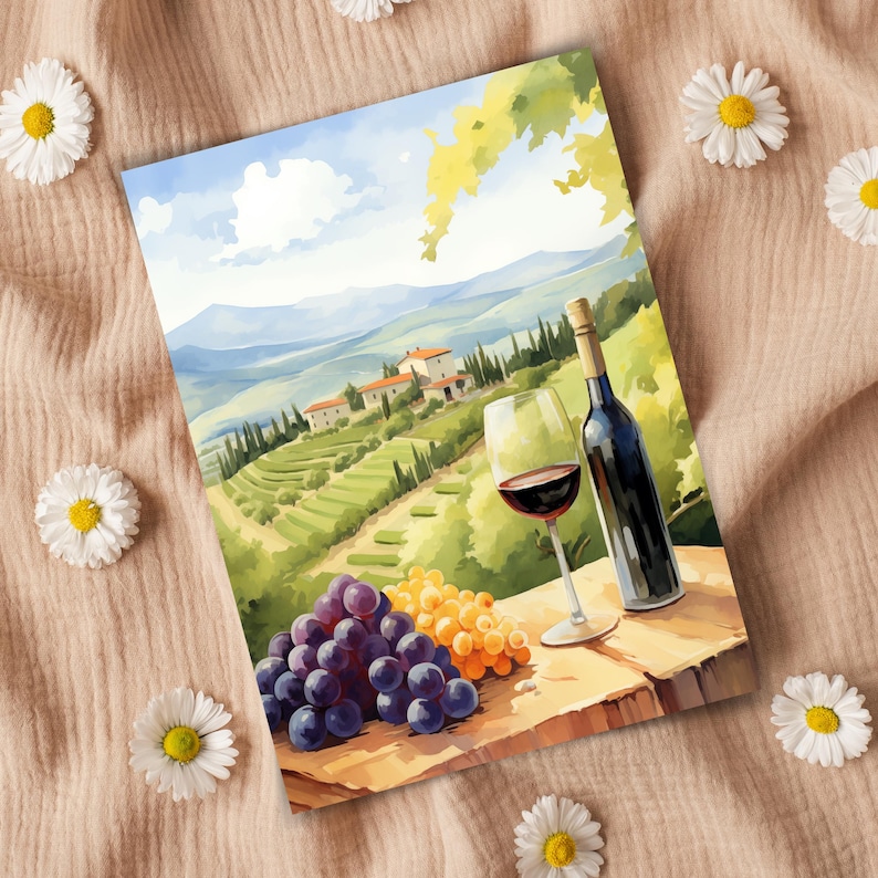 Puede incluir: Una pintura de un vaso de vino tinto y una botella de vino sobre una mesa de madera con uvas, con vistas a un vi&ntilde;edo.