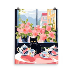 Black Cat | Watercolor Print | Cute Teapot Art | Teacups Wall Art | Kitchen Decor | Pink Flowers Poster | Cat Art | Cat Home Decor | Feline