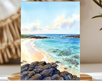 Kua Bay Maniniowali Beach Hawaii Watercolor Wall Art, Print or Canvas