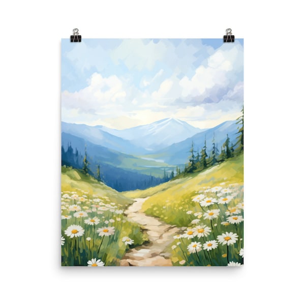 White Mountains Watercolor Print | New Hampshire Gift | New England Wall Art | Mountain Landscape | Hiking Trail Poster | White Daisies Art