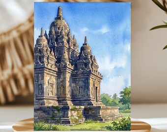 Sewu Temple Java Indonesia Watercolor Wall Art, Print or Canvas