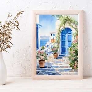 Traditional Greek Door Watercolor Print Santorini Gift Greece Home ...